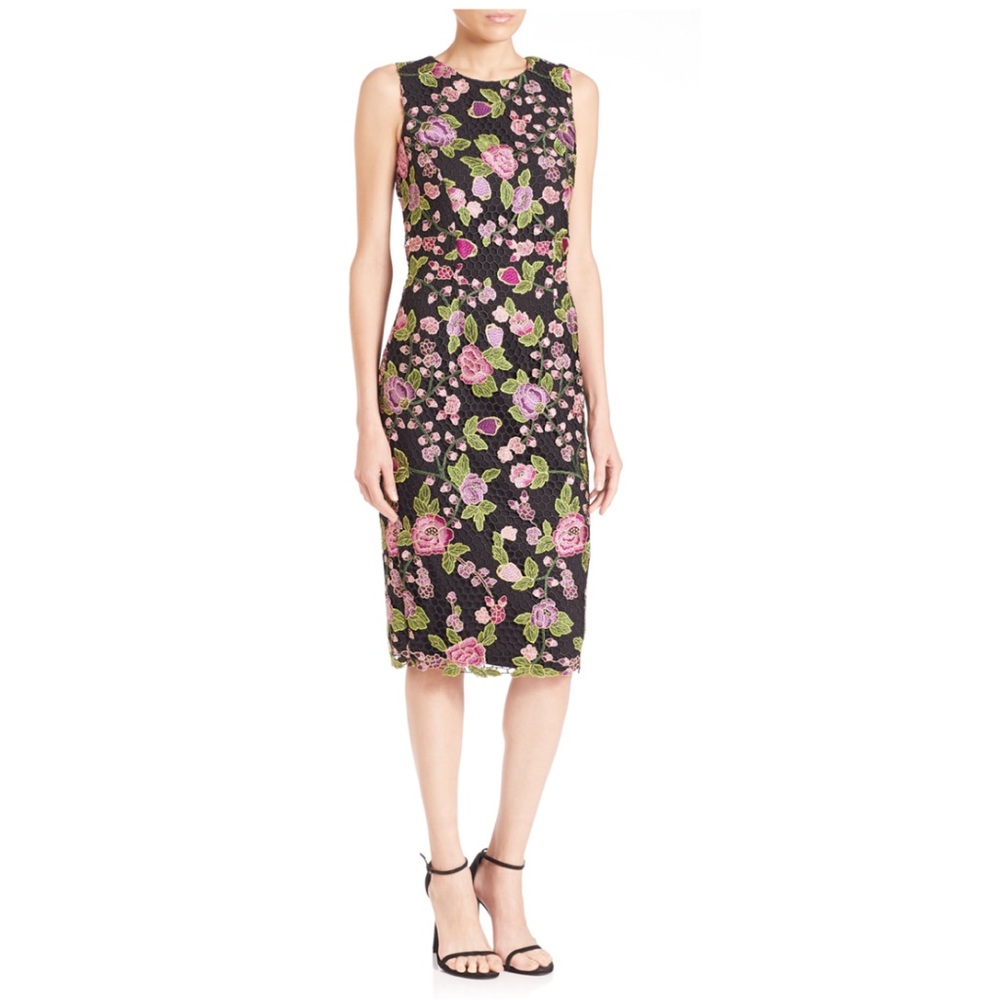 Badgley Mischka Dress Floral Embroidered Guipure Lace Midi Party Cocktail Event